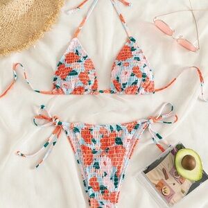 Floral Smocked Tie-Side Bikini Set - Coral & Teal